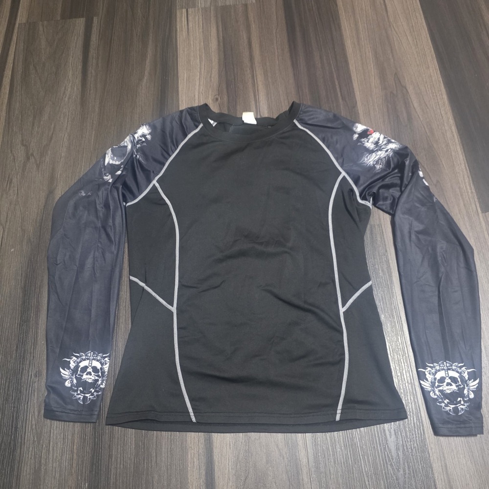 Men's Y2K Style Gothic Skull Compression Shirt XL Long Sleeve MMA Rash Guard